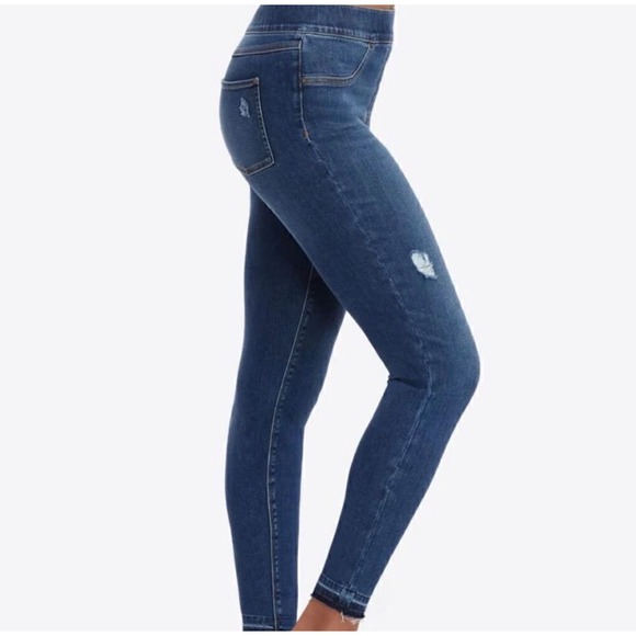 SPANX Denim - Spanx Womens Medium Distressed Ankle Jean-ish Leggings‎ Dark Indigo Raw Hem